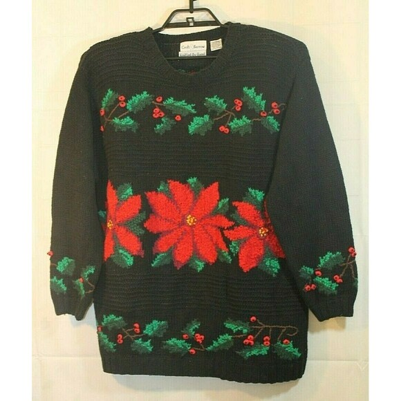 Croft & Barrow Christmas Sweater Poinsettia Black Holiday Knit Womens XL - Picture 2 of 5
